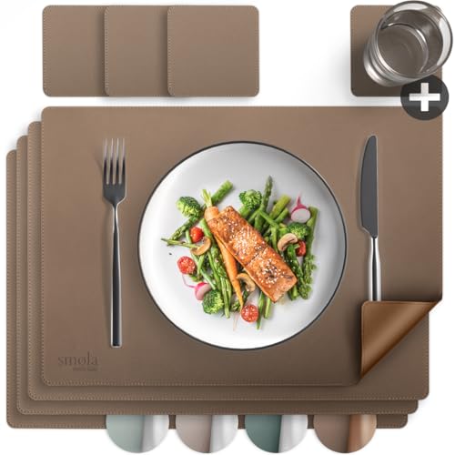 smøla 8-teiliges Tischset aus PU-Leder - inkl. Untersetzer I Platzset Abwaschbar I Platzdeckchen Set in Lederoptik, Tischunterlage für Teller & Gläser I Tischdeko, Braun/Gold