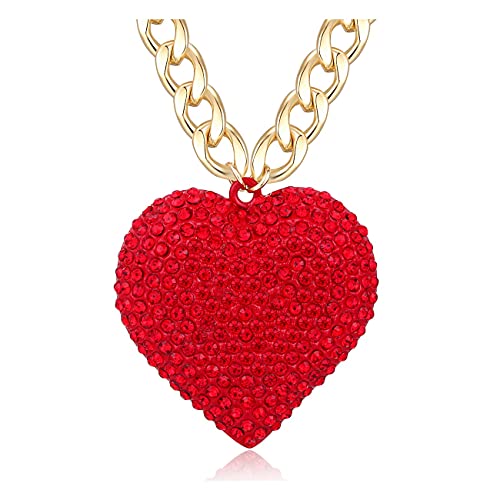 Crystal Red Heart Necklace Hip Hop Gold Chunky Choker Necklace Cuban Link Chain Heart Pendant Statement Jewelry