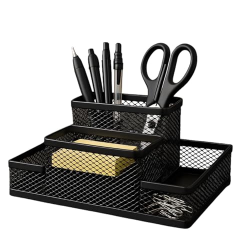 Porta Caneta Organizador de Mesa Metal Aramado Escritório Compartimentos Divisões Telado Caneta Lápis Porta Papel Clips Estojo Multiuso Home Office Vertical (Preto, 4 Compartimentos)