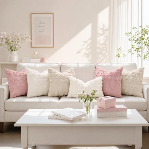 Image of decorUhome Beige Bow Pillow Covers Set of 2 Coquette Aesthetic Cute Preppy Plush Faux Pillowcases for Girly Bedroom or Couch 16x16 Inch
