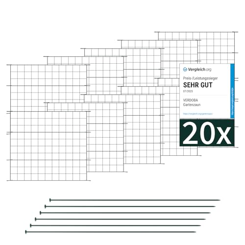 VERDOBA Premium Teichzaun - Hundezaun 20 Zaunelemente - Steckzaun, Gartenzaun Metall - Gartenzaun Komplettset - Zaun für den Garten, Gitterzaun Set Gerade Zaun Garten (20x Gerade, Grün - RAL 6005)