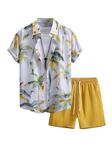 GORGLITTER Men's Summer Vacation Outfits Hawaiian Beach Floral Button Down Short Sleeve Shirt and Shorts Set