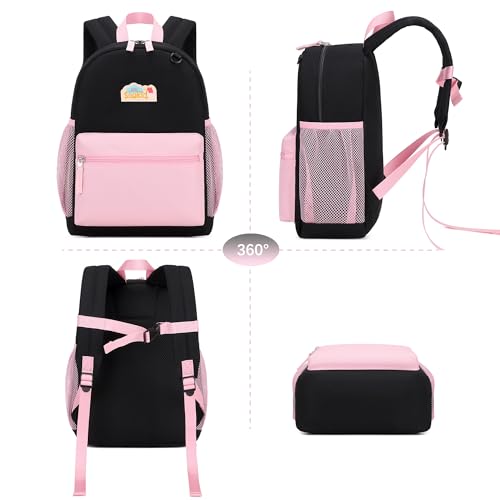 School Backpack for Kindergarten Girls Backpack 15 inch Bookbags for Kids 3-6 (Black and Pink)3