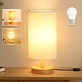 EZIYIN Desk Lamp LED Bulb Included, Small Bedside Table Lamp Plug-in - Classic Wood Base with Flaxen Fabric Shade, Lamps for Night Stands, Simple Nightstand Light for Bedroom, Office, Desk