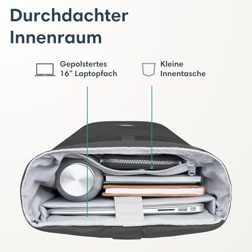 LARKSON Rucksack Damen & Herren Schwarz - Janne Small - Rolltop Rucksack mit Laptopfach für Uni, Arbeit, Reise & Fahrrad - Backpack Tagesrucksack Klein - Wasserabweisend