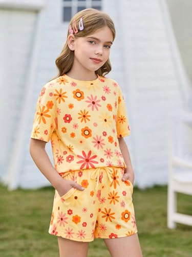 Image of Haloumoning Girls Summer 2 Piece Outfits Kids Oversized T Shirts and Shorts Clothing Sets 5-14 Years