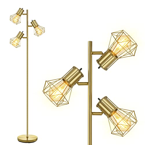 Boostarea Industrial Floor Lamp,Standing Lamp,Farmhouse Tree Floor Lamp With 3Pcs 6W Edison Bulbs,Free Adjustable Cage Heads,Independent Control,Floor Lamp For Living Room,Bedroom,Rustic Home #TOP4