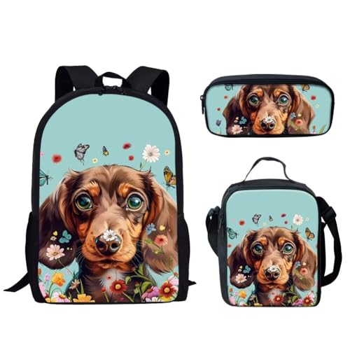 HUGS IDEA Cute Dachshund Print Kids Backpack School Bag Set with Lunch Container Box Pencil Case 3 Piece Bookbags for Girls Teens