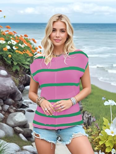 Womens Tops Cap Sleeve Striped Knit Tank Top Loose Fit Sweater Vest 2025 Spring Summer Outfits Pullover Top2