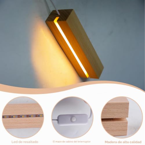 Miniatura 3 de Baifulai 4 Unidades De Zócalos Led De Madera, Base De Madera De 20 Cm, Base De Luz Con Interruptor Usb, Colores Cálidos, Base De Pantalla Para 3 Mm De Grosor, Placa Acrílica De Cristal, Resina