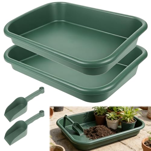Rainmae 2 Piece Heavy Duty Plastic Potting Tray Set Green Plant Repotting Trays with Garden Shovels Rectangle Nursery Trays for Bottom Watering Soil Changing & Succulent Care