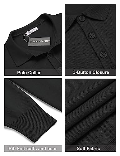 COOFANDY Mens Polo Shirts Quarter Neck Pullover Long Sleeve Knit Lightweight Sweater Black