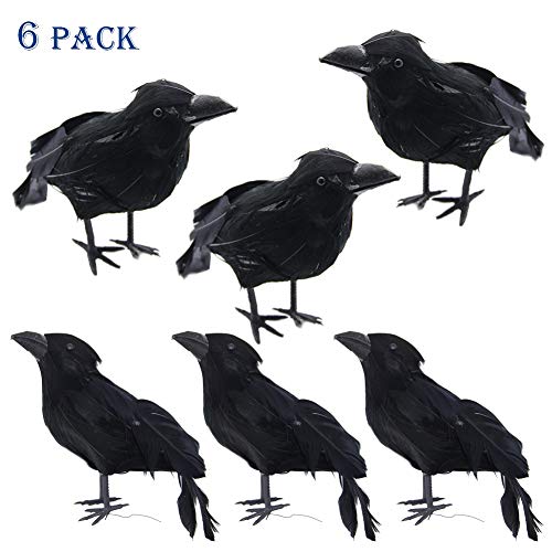 ATDAWN Halloween Black Feathered Crows, Realistic Looking Halloween Decoration Birds, 6 Pack