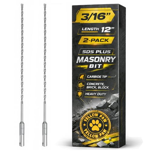 3/16 Inch SDS Plus Masonry Drill Bit for Concrete & Brick (2 Pack - 12 Length - Industrial Grade) Fits All SDS Rotary Hammers - Carbide Tipped for Cement Stone Block & More