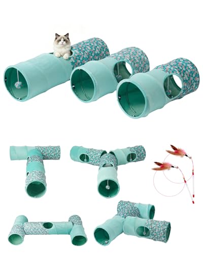 Image of Cat Tunnel, 3 Straight Shaped Tunnels 6 DIY Shapes with Wand Toys, No Noise Scratch Resistant Cool Linen Fabric, Interactive Pet Tunnel Tube for Indoor Cats, Puppy and Rabbits