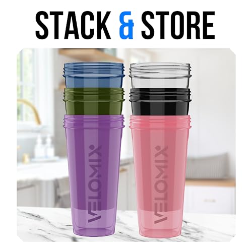 Image of VELOMIX -6 PACK- 28 oz Protein Shaker Bottle for Protein Mixes -6x Wire Whisk | Leak Proof Shaker Cups for Protein Shakes | Large, Stackable Protein Shaker Bottle Pack