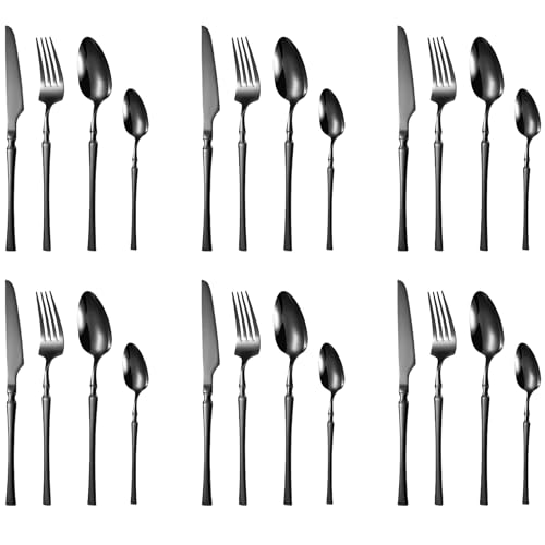 Image of aDai Matte Black Silverware Set | Satin Finish 24-Piece Korean Vintage Style Flatware Set | Dishwasher Safe Stainless Steel Cutlery for Home, Restaurant & Gifting