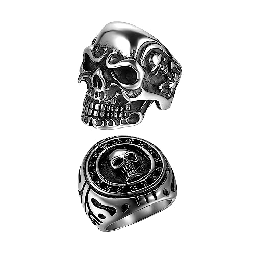 OIDEA 2PCS Bikers Stainless Steel Gothic Skulls Ring Black Silver