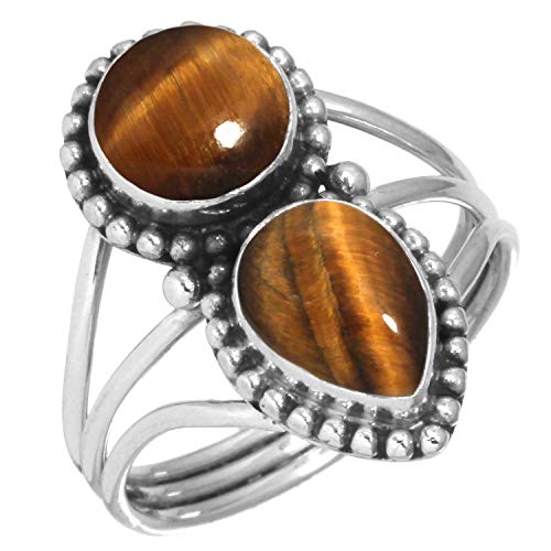 Jeweloporium Bague en argent sterling 925 avec œil de tigre marron, taille 57,5, pour femme, bijou artisanal en pierre naturelle de poire