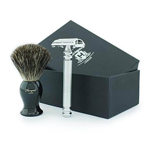 Men's Shaving Butterfly Safety Razor in Sliver with Stainless Steel Head (Blades not Included)& Black Badger Hair Brush.