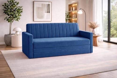 Image of Rosebell Sofa-Cum-Bed | Foldable Three-in-One Convertible Couch with Armrest | Modern Fabric Sofa for Living Room, Bedroom & Office-Blue-Color