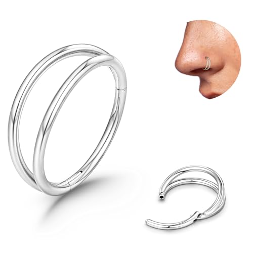 Titanium Double Hoop Nose Ring 20G 18G Gold Silver Balck Nose Rings Hoops for Women Men Hypoallergenic 6mm 7mm 8mm 9mm Nose Nostril Septum Cartilage Helix Daith Conch Rock Piercing Jewelry (Silver-20g 8mm)