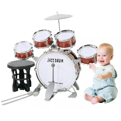 Image of FINYQBET Drum Set for Children Ages 3-7, Percussion Kit with 5 Drums, Cymbal, Drumsticks and Stool Educational Musical Toy, Ideal for Motor Development, Perfect Gift (Yellow-Brown)