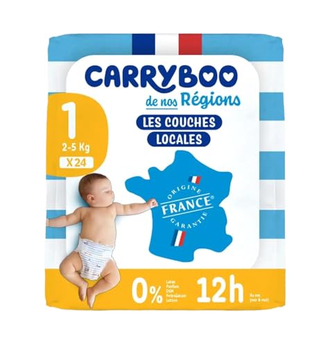 CARRYBOO - Couches Taille 1 (2-5kg) - Saines et Ultra Absorbantes - 12h Anti Fuites - Sans substances indésirables - Fabriquées en France - Pack naissance de 24 couches