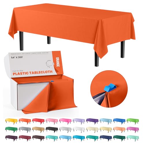 Image of Exquisite Party Solids 54 Inch X 300 Feet Orange Plastic Table Cover Roll in A Cut - to - Size Box with Convenient Slide Cutter. Cuts Up to 36 Rectangle 8 Feet Plastic Disposable Tablecloths