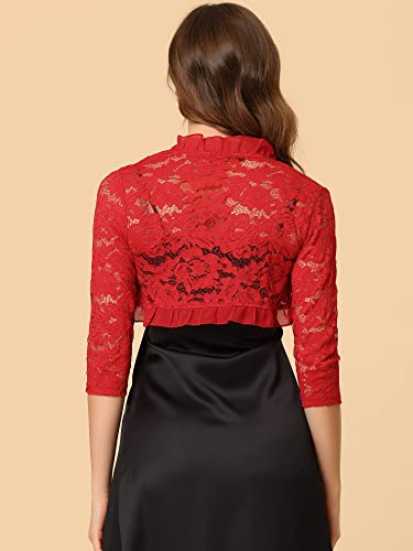 Image of Allegra K Women's Elegant Lace Cardigan Ruffle Collar Crop 3 /4 Sleeve Sheer Bolero Floral Lace Shrug Top