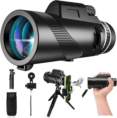 Telescopio monocular 12 x 50 con trípode, juego completo, incluye bolsa de transporte, paño de limpieza, soporte para teléfono móvil y tapas protectoras para observación de aves, caza y actividades al