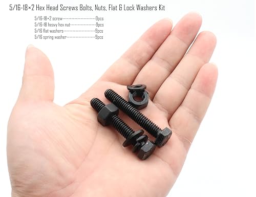Image of LBY 9 Sets Hex Bolts Kit, 5 /16-18x2'' Hex Head Screws Bolts (Fully Threaded), with Heavy-Duty Nuts, Flat & Lock Washers, Alloy Steel (Black)