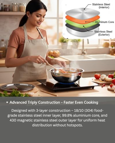 Image of Pradeep Triply Stainless Steel Tasla with SS Lid|3 Ply Tasla /Kadai /Wok|18 /10 Food Grade Steel|Induction&Gas|Heavy Gauge2.5 mm|Deep Kadhai for Frying,Saute,Curry Cooking|Cookware (22cm-1900ml)