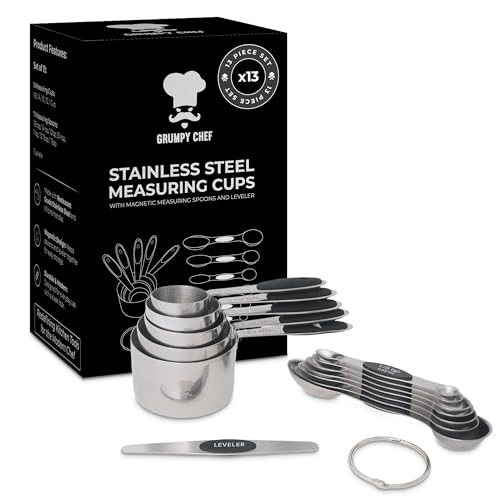 GRUMPY CHEF Stainless Steel Measuring Cups and Spoons Set with Magnetic Leveler – 13-Piece Nesting Set, Dual-Sided Magnetic Spoons, Flat Bottom Design for Stability – Rust-Resistant, Dishwasher Safe