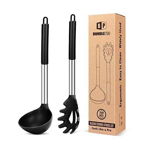 Silicone Pasta Fork and Ladle Spoon Set, Large Non Stick Kitchen Utensils for Cooking,Stirring,Serving Spaghetti, Soup, Sauce (BLACK)