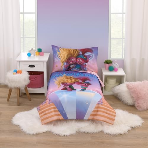 Image of NoJo DreamWorks Trolls Glam Together Purple, Pink, and Blue, Poppy and Viva 4 Piece Toddler Bed Set - Comforter, Fitted Bottom Sheet, Flat Top Sheet, and Reversible Pillowcase
