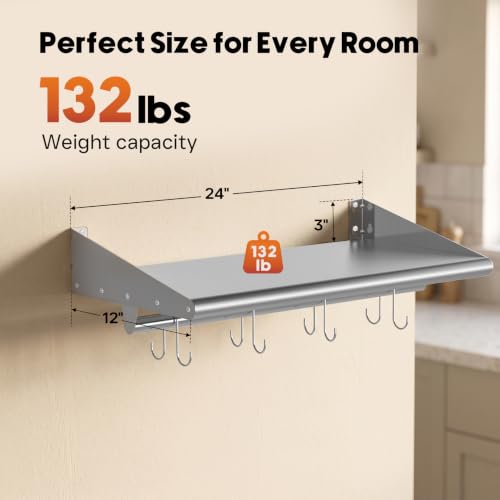 Image of Skyflame 2 Pack Stainless Steel Wall Shelf with 4 Hooks, 12 inch x 24 inch