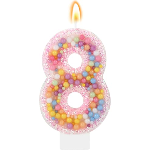 IDIJOLI Pastel Macaron 8th Birthday Candle Sweet Pink Number 8 Candle Cake Topper Cupcake Decorations for Girls and Women Party Decor Anniversary Celebrations Supplies