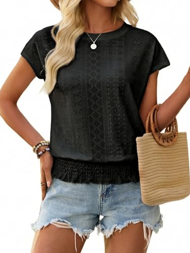 Image of Women's Summer Short Sleeve Eyelet Tops Daily Casual Crewneck T Shirts Elastic Waist Smocked Blouses