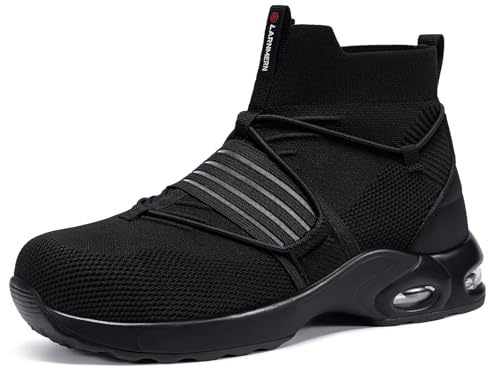 LARNMERN Zapatillas de Seguridad Sin Cordones Calzado de Seguridad Puntera de Acero Zapatos de Trabajo Colchón de Aire Cómodos Ligeros Zapatos Seguridad Transpirable (Negro, 42EU)
