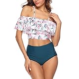 TSWRK Women's Off Shoulder Floral Ruffle Crop Top High Waisted Two Piece Bikini Set Green