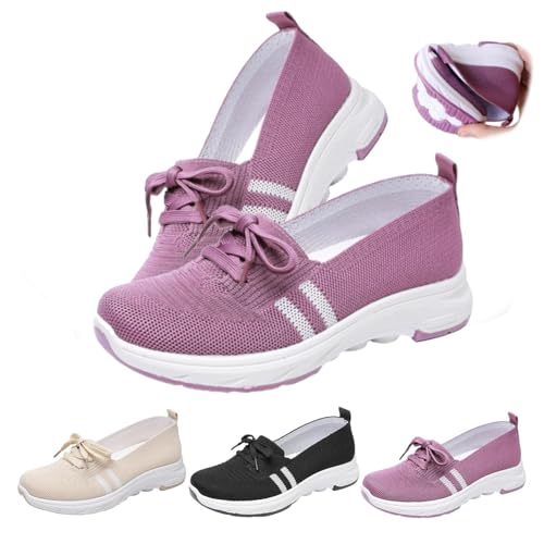 Tenis de punto transpirables para mujer con lazo, ligeros, de caña baja, informales, ortopédicos, suela suave, cómodos zapatos para caminar, Purple, 44 EU