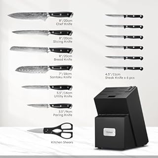 Yabano Set Coltelli da Cucina,14 Pezzi Coltelli Cucina in Acciaio Inox, Set Coltelli con Ceppo e Affilacoltelli Integrato, Manici in ABS Forgiato