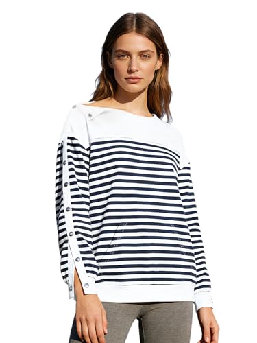 Image of Sywiyi Womens Striped Recovery Sweatshirt Tear-Away Buttons Crewneck Casual Adaptive Clothing Navy Blue XL
