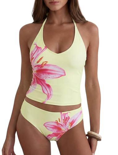 ZAFUL Womens Tankini Swimsuits Y2K Cute Tummy Control Tops Modest Floral Halter V Neck Cheeky Bathing Suit High Waist Two Pieces Sexy Swimwear 2026 Light Yellow Medium