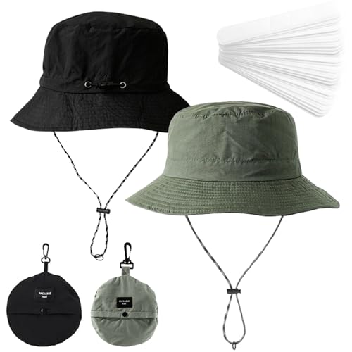 VEGCOO 2 Pack Safari Hat, Foldable Waterproof Sun Protection Fishing Hats for Men Women with 20 Sweat Band Liner for Hiking, Fishing, Fashionable Wear Black/Green
