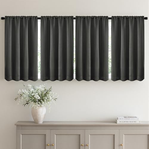 Image of MIULEE 4 Panel Set Short Bedroom Blackout Curtains 54 Inch Long Dark Grey | Thermal Curtains for Summer Heat, Light Blocking Privacy Window Drapes, Top&Bottom Rod Pocket