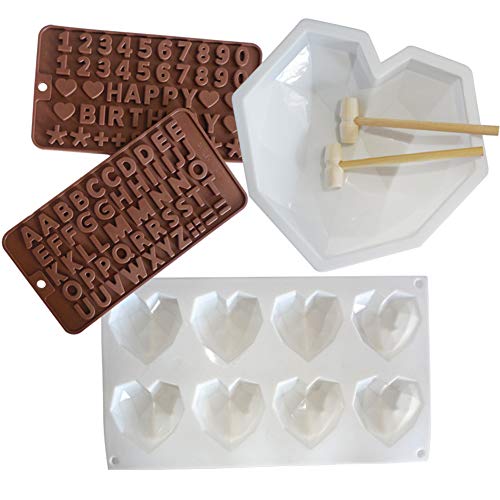 Juego de moldes de silicona para tartas con forma de diamante, molde para manualidades, diseño de alfabeto, molde de chocolate 3D con forma de corazón, forma digital, martillo para amantes, amor Cover
