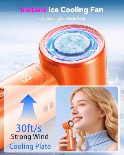 Image of DRORION Portable Mini Fan with Ice Cooling Function, 199 Speed Adjustable Handheld Fan, Rechargeable Personal Fan with Digital Display, Quiet Desk Fan for Travel, Office, Outdoor, Summer,Orange