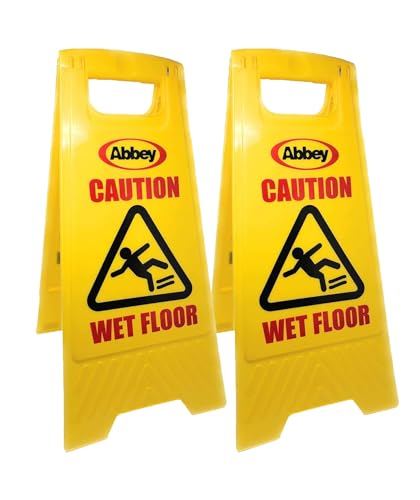 Abbey Pack of 2 Warning Caution Wet Floor Sign Yellow 640mm Height – Cleaning in Progress Floor Sign Printed on the Other Side – Mini Wet Floor Sign Ideal for Commercial Business use